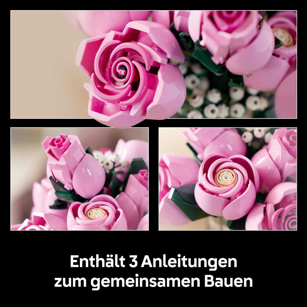 Das Bild zeigt drei Nahaufnahmen von rosa Lego-Rosen. Der Text unten lautet: „Enthält 3 Anleitungen zum gemeinsamen Bauen.“