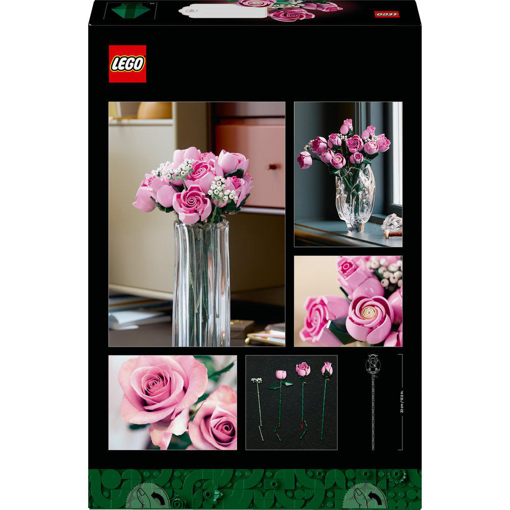 LEGO-Box mit Bildern von rosa Rosensträußen, einzelnen Rosen und Rosenstielen. Das LEGO-Logo ist sichtbar.