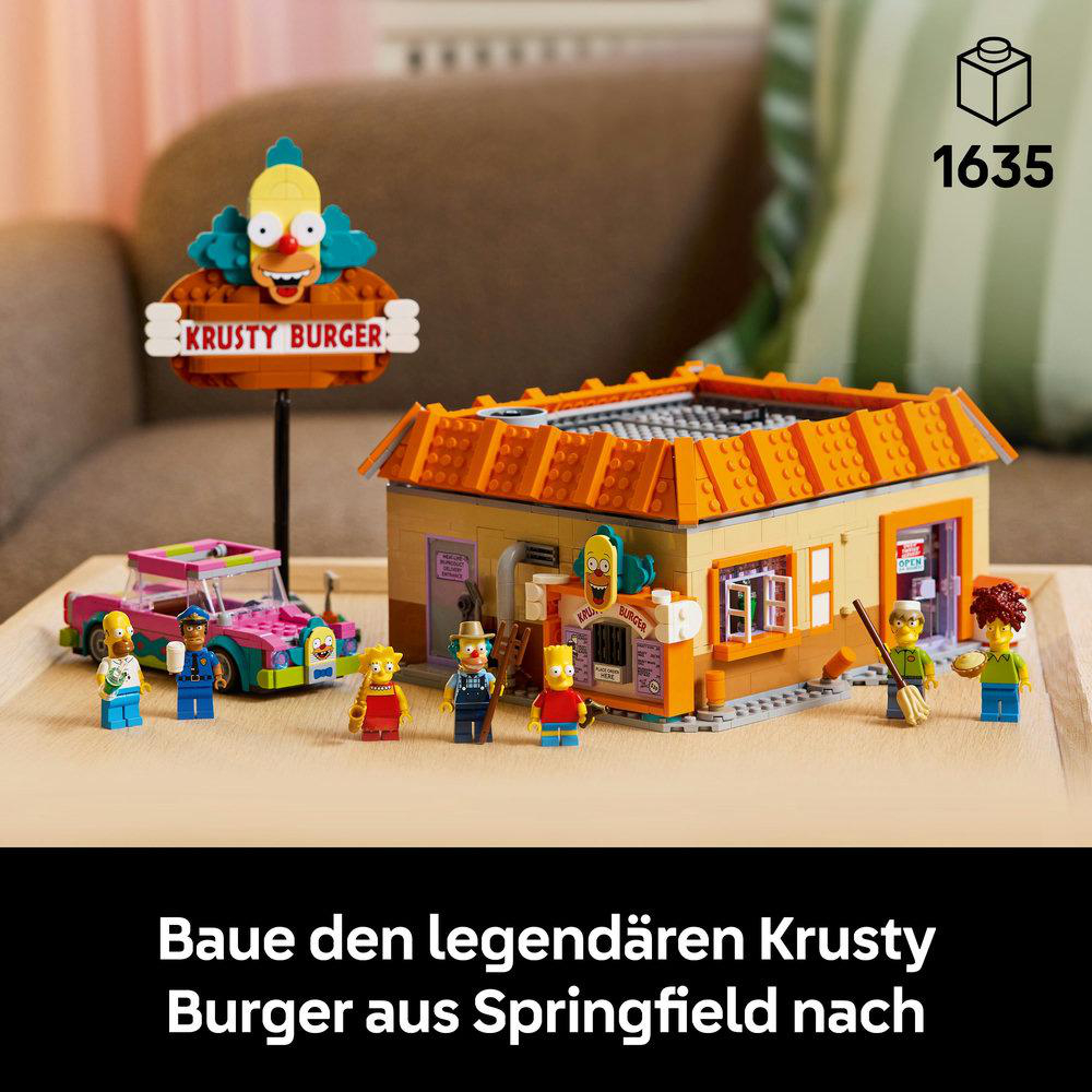 Lego-Set des Krusty Burger aus den Simpsons. Enthält das Gebäude, Figuren, ein Auto und das Krusty Burger-Schild.