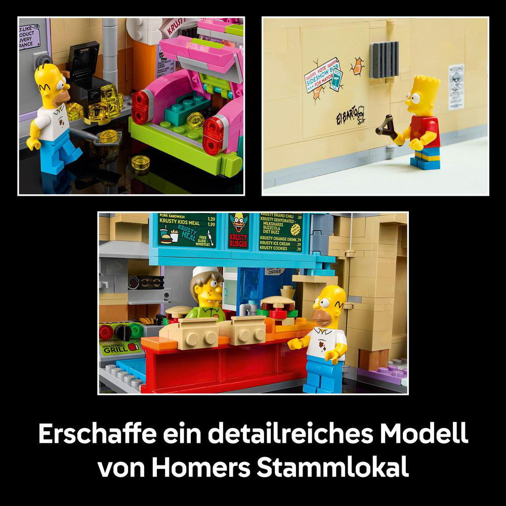 Lego-Set mit Homer und Bart Simpson Figuren. Eine Krusty Burger Szene mit Schildern und Geschäften ist dargestellt.