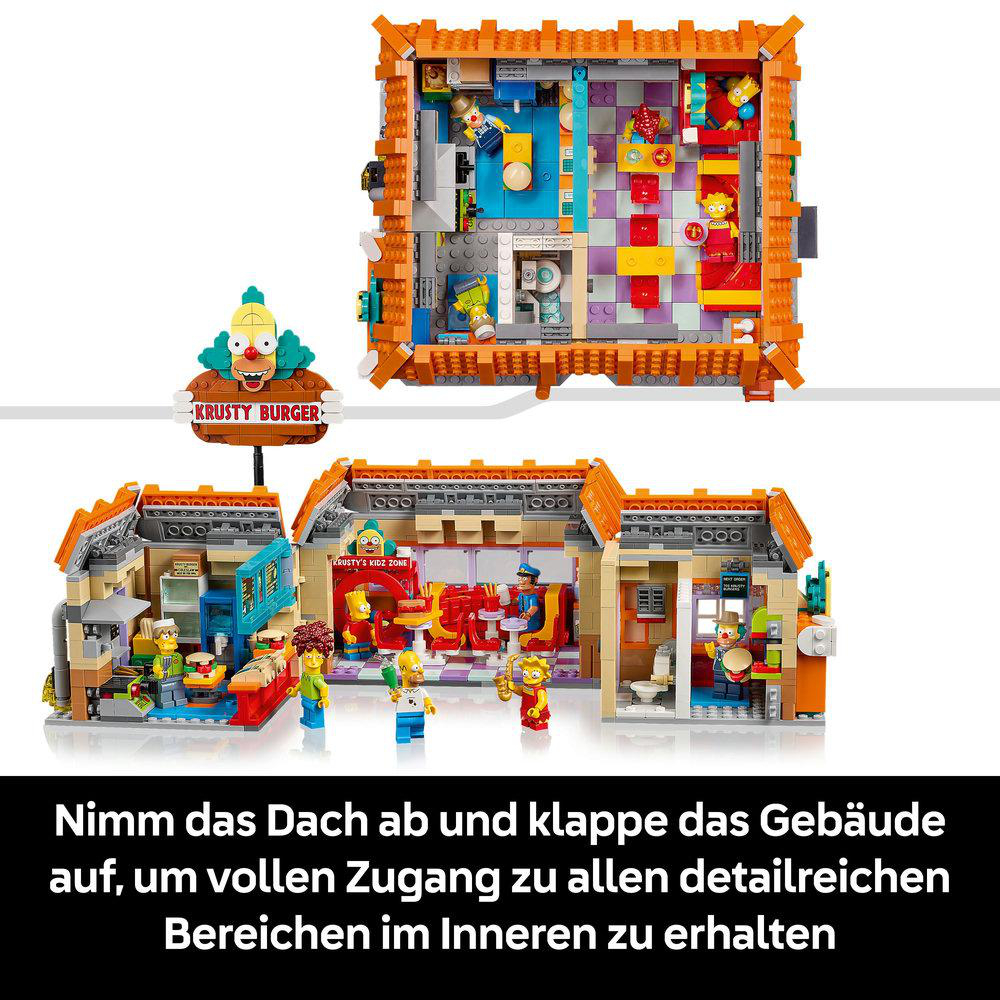 Ein Lego Krusty Burger Set. Das Gebäude ist orange mit mehreren Räumen, Figuren und Schildern.