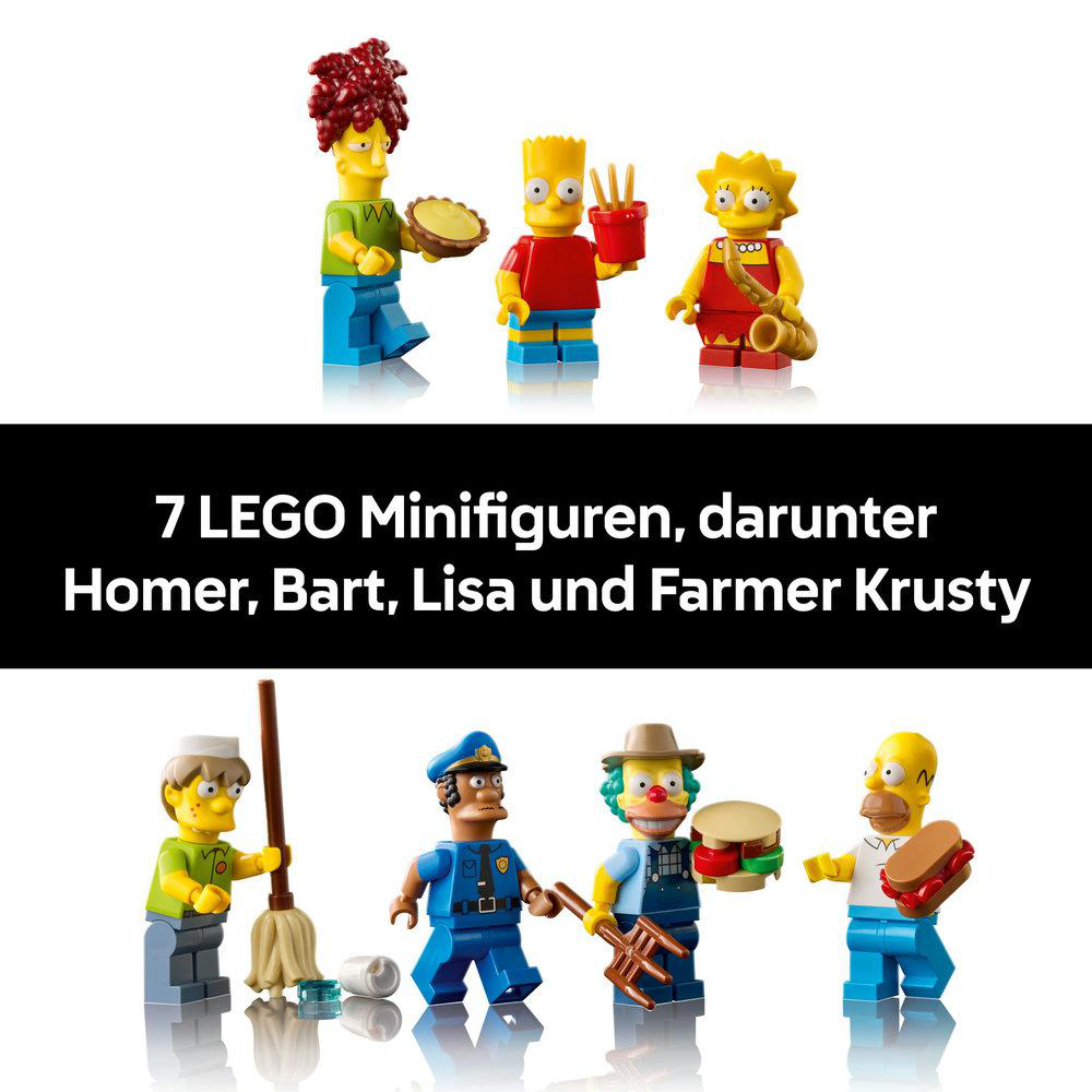 Sieben Lego Simpsons-Minifiguren: Homer, Bart, Lisa und Farmer Krusty, unter anderem, werden auf weißem Hintergrund gezeigt.