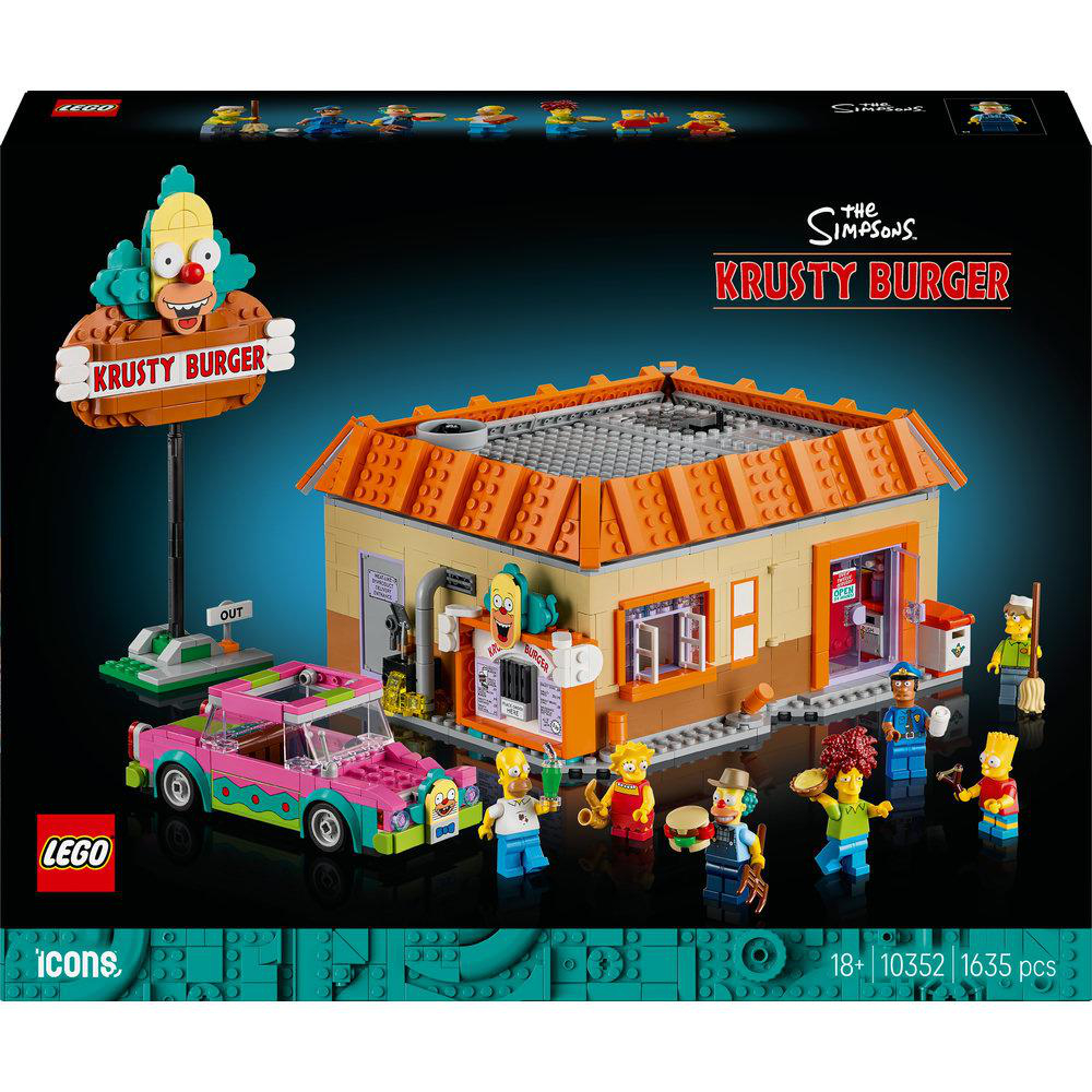 Ein Lego Krusty Burger Set. Die Szene zeigt ein rosa Auto, den Burgerladen und verschiedene Simpsons-Charaktere, darunter Krusty der Clown.