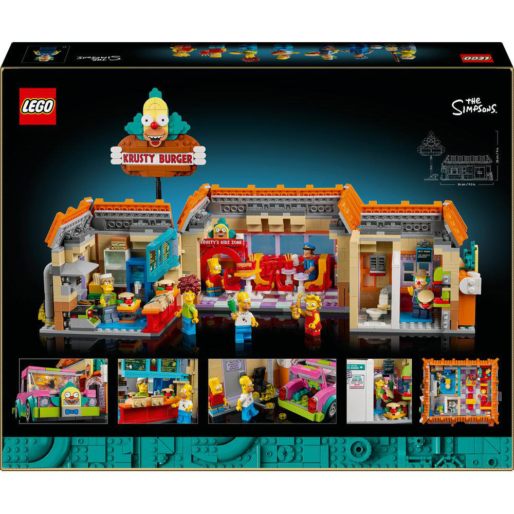 Lego-Set von Krusty Burger aus den Simpsons. Das Set enthält das Gebäude, Minifiguren und ein Auto. Das Krusty Burger-Schild ist sichtbar.