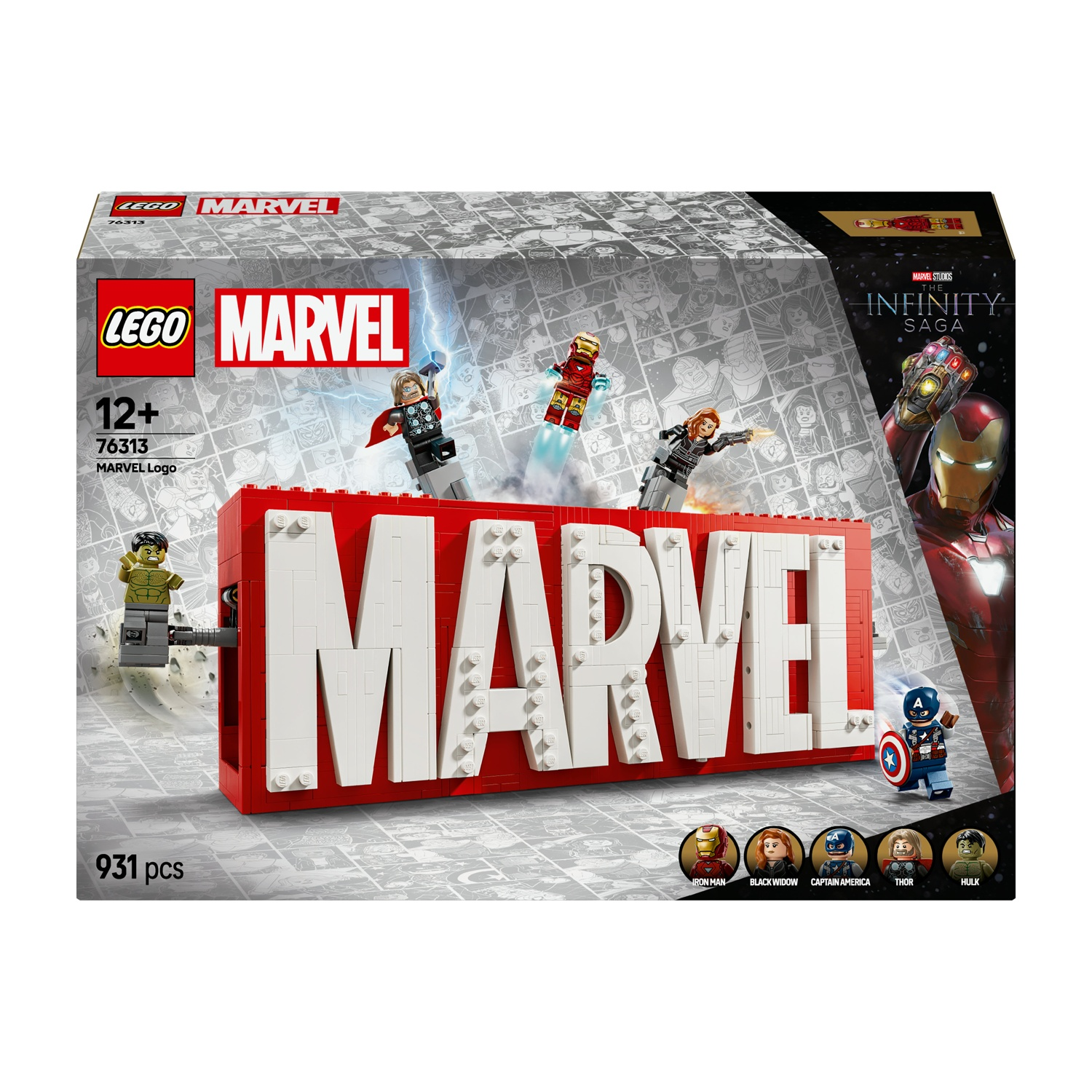 Set Lego Marvel. Logo MARVEL rosso e bianco con minifigure di Iron Man, Black Widow, Capitan America, Thor e Hulk.