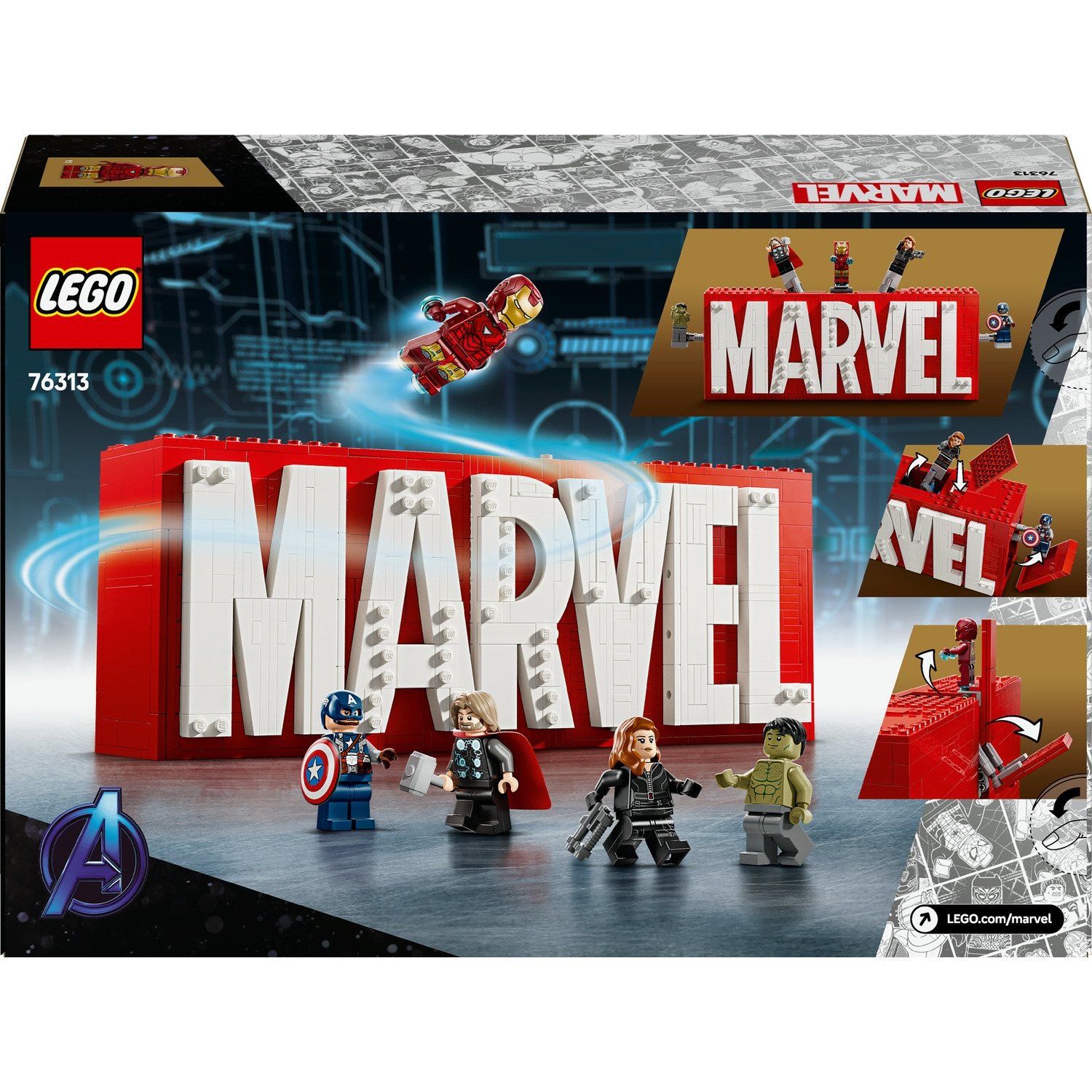 Set Lego Marvel. Cartello 'MARVEL' rosso e bianco, Iron Man che vola, Capitan America, Thor, Vedova Nera e figure di Hulk presenti.