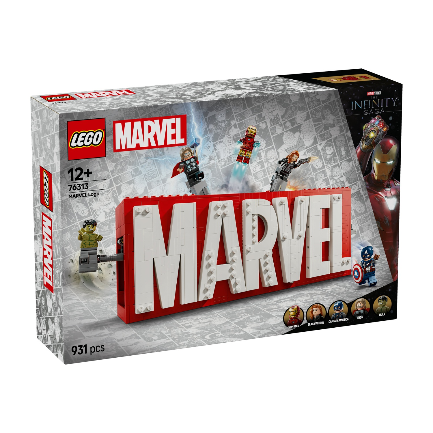 Scatola del set Lego Marvel. Presenta il logo Marvel in mattoni rossi e bianchi, con minifigure di vari personaggi Marvel.
