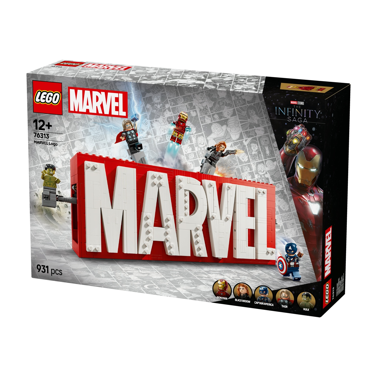 Set Lego Marvel. La scatola mostra il logo Marvel in rosso e bianco. Include i personaggi Lego di Iron Man, Thor, Black Widow e Capitan America.