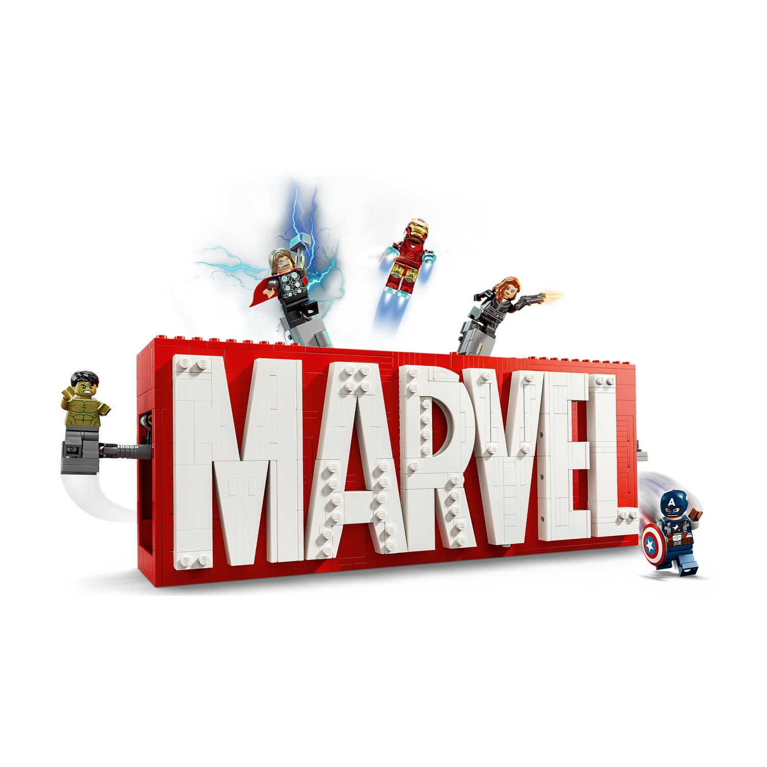 Cartello Lego Marvel con personaggi Lego. Thor, Iron Man, Vedova Nera, Capitan America e Hulk. Fulmini ed effetti d'azione.
