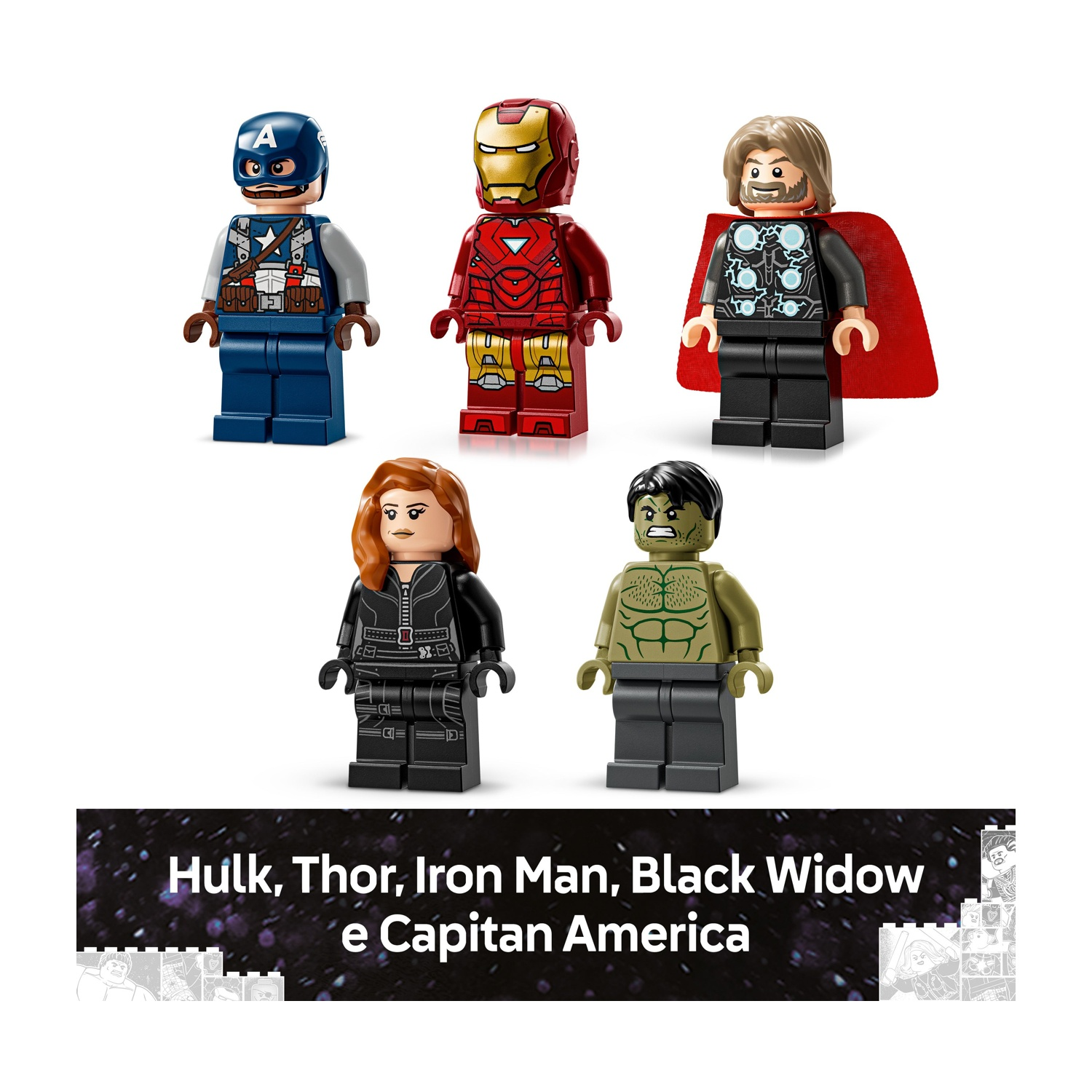 Personaggi Lego di Capitan America, Iron Man, Thor, Vedova Nera e Hulk. Sono su sfondo bianco.