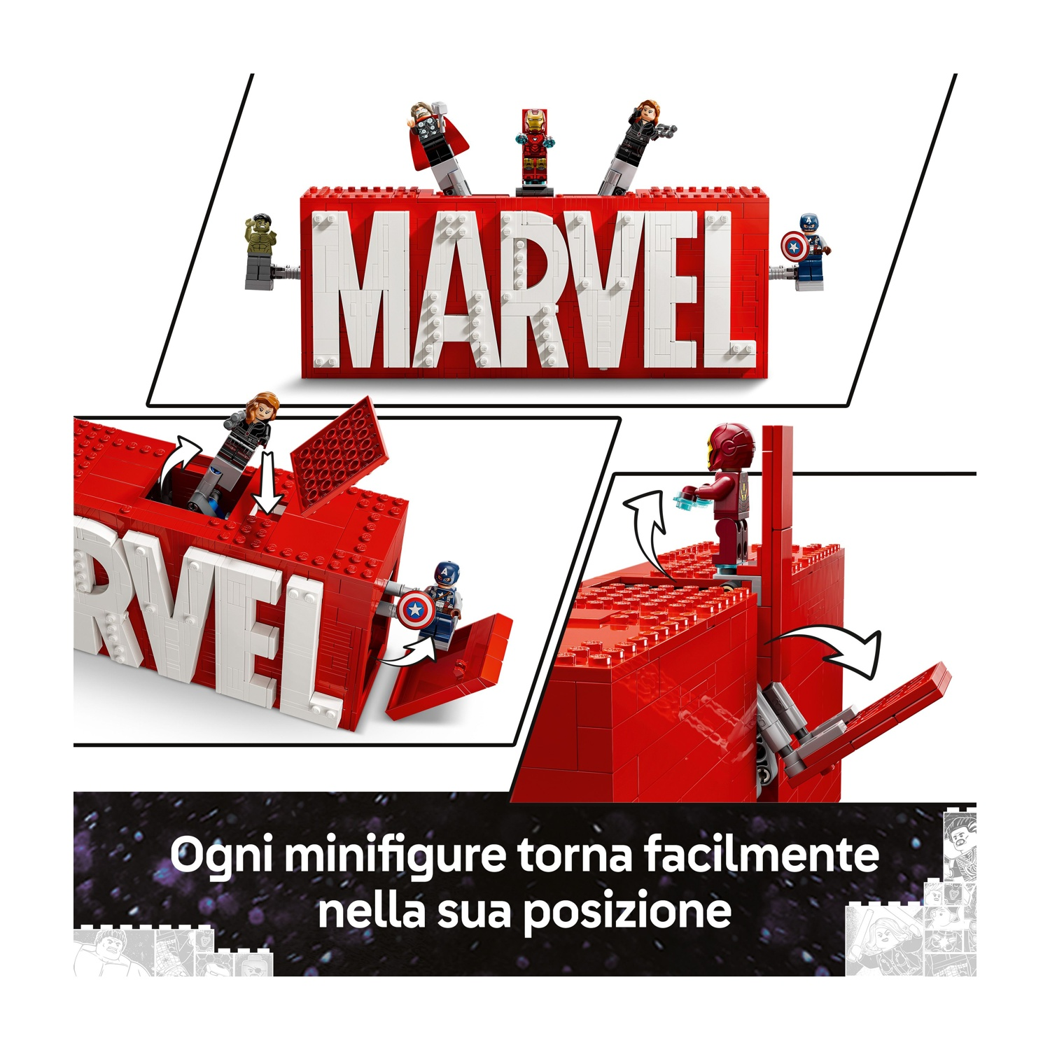 Set LEGO Marvel. Logo Marvel rosso e bianco con personaggi di supereroi sopra e all'interno. Testo in basso: Ogni minifigure torna facilmente.