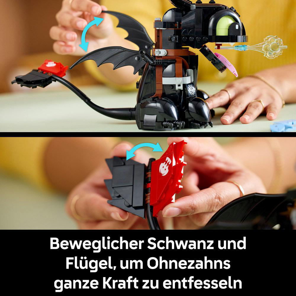 Eine Person, die ein schwarzes Drachenspielzeug zusammenbaut. Flügel und Schwanz des Drachen werden befestigt.
