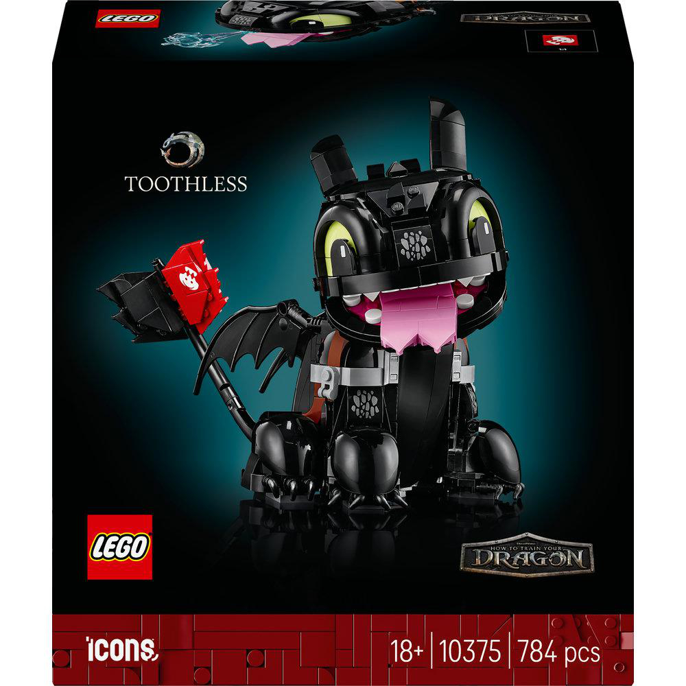 Eine Lego-Box zeigt Ohnezahn, einen schwarzen Drachen, mit rosa Zunge. Die Box hat das Lego- und Drachen-Logo.