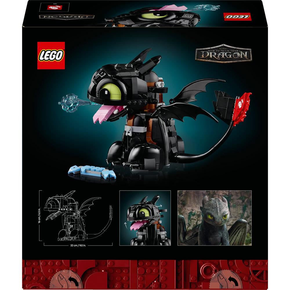 Eine Lego-Box mit einem schwarzen Drachenmodell mit rosa Zunge aus 'Drachenzähmen leicht gemacht'. Enthält Lego- und Drachenbilder.