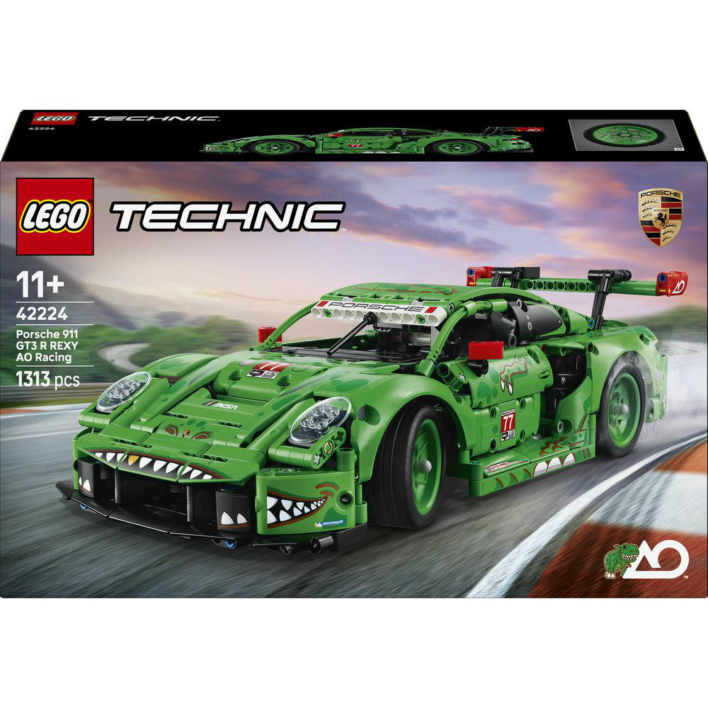 Ein Lego Technic Porsche 911 GT3 R REXY AO Racing Auto, grün mit weißen Zähnen, auf einer Rennstrecke.