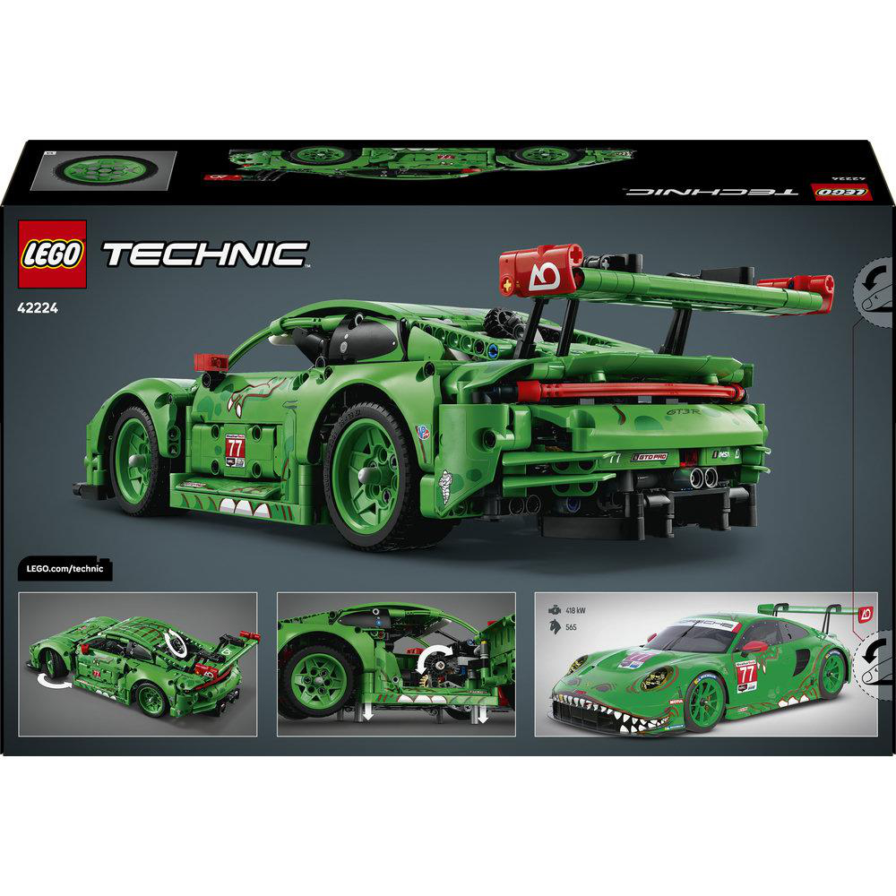 Eine Lego Technic Set-Box mit einem grünen Sportwagenmodell. Die Box zeigt das Auto aus verschiedenen Blickwinkeln mit zusätzlichen kleineren Bildern.