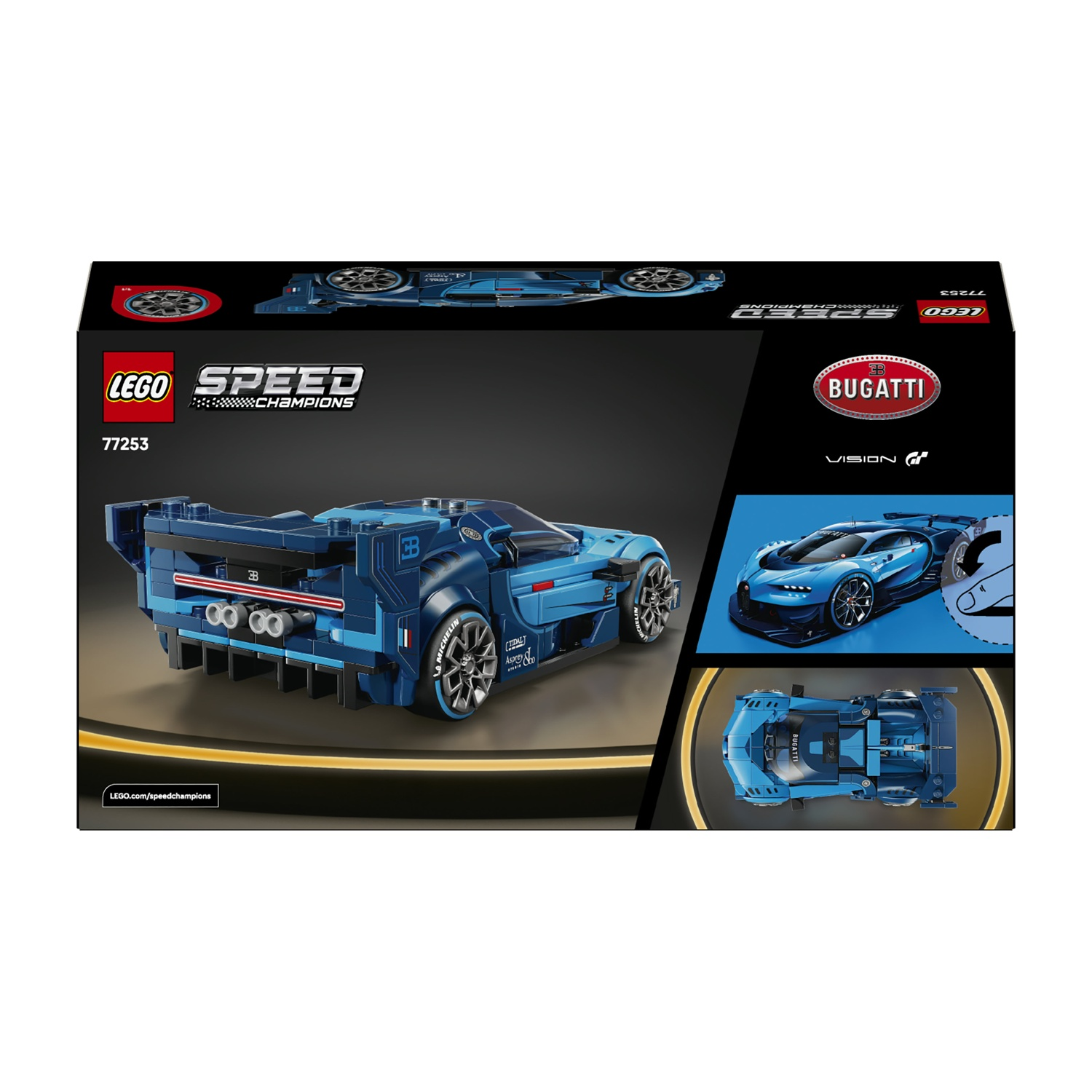 Una scatola Lego con un modello di auto da corsa Bugatti blu. Presenta il logo Lego Speed Champions e Bugatti Vision GT.