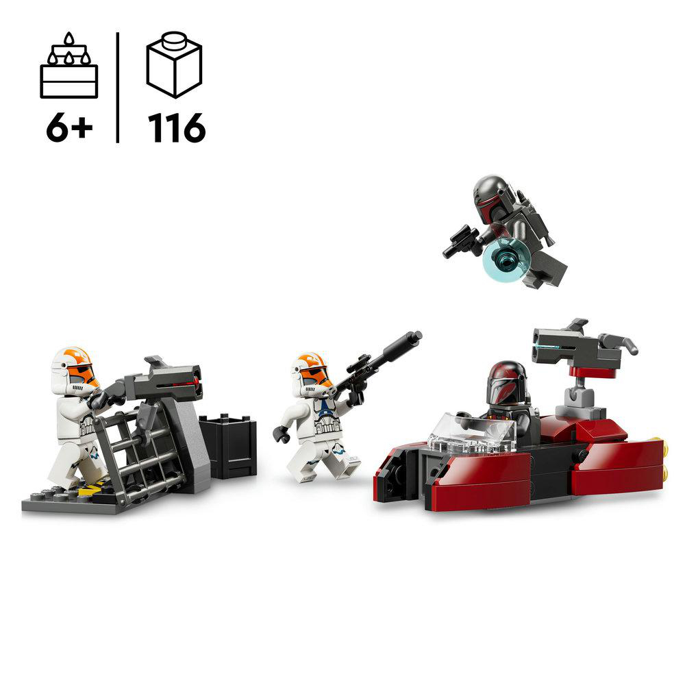 Lego-Set mit Klonkriegern und einem roten Fahrzeug. Enthält Blaster und einen Flyer. Figuren in Action-Posen.