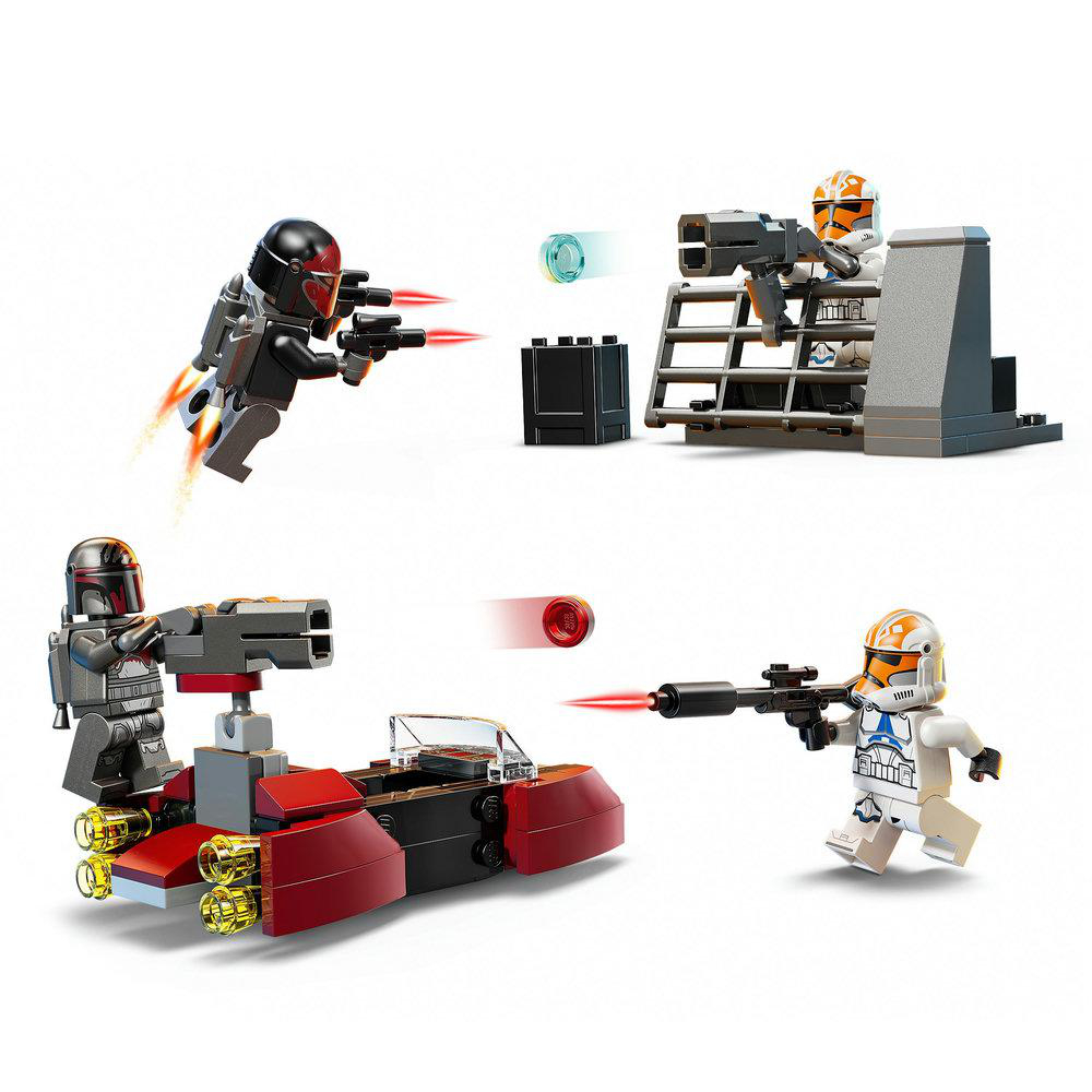 Lego Star Wars Set. Figuren feuern Blaster ab. Ein Speeder und eine kleine Struktur sind ebenfalls sichtbar. Orange und schwarzes Farbschema.