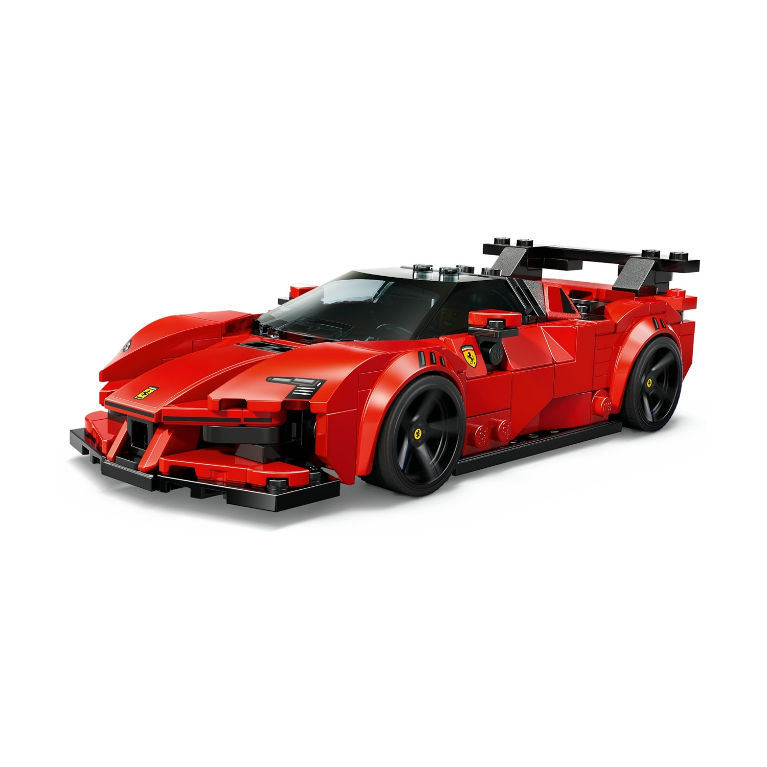 Un'auto da corsa Ferrari Lego rossa. Ruote e spoiler neri. Dettagli neri. Sfondo bianco.