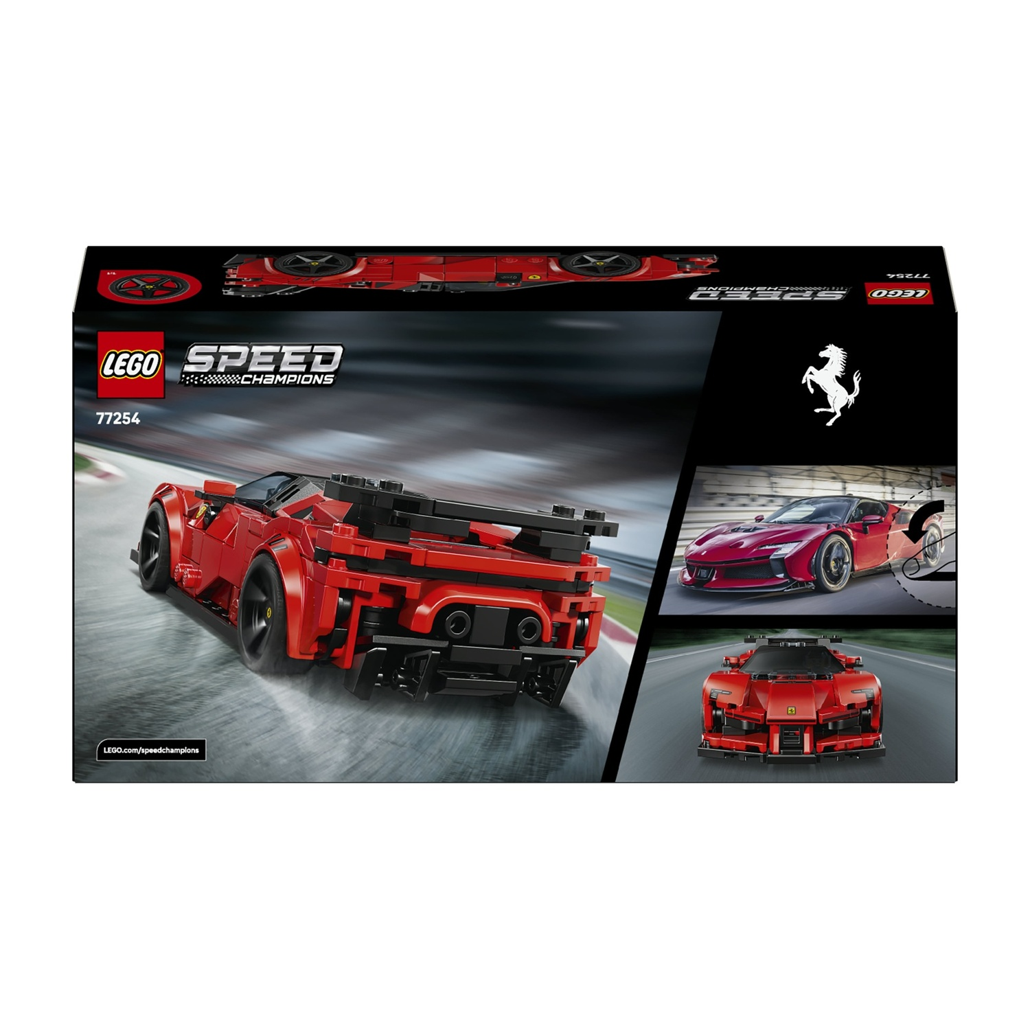 Illustrazione della scatola per una Ferrari Lego Speed Champions. La scatola presenta immagini dell'auto Lego rossa da varie angolazioni.