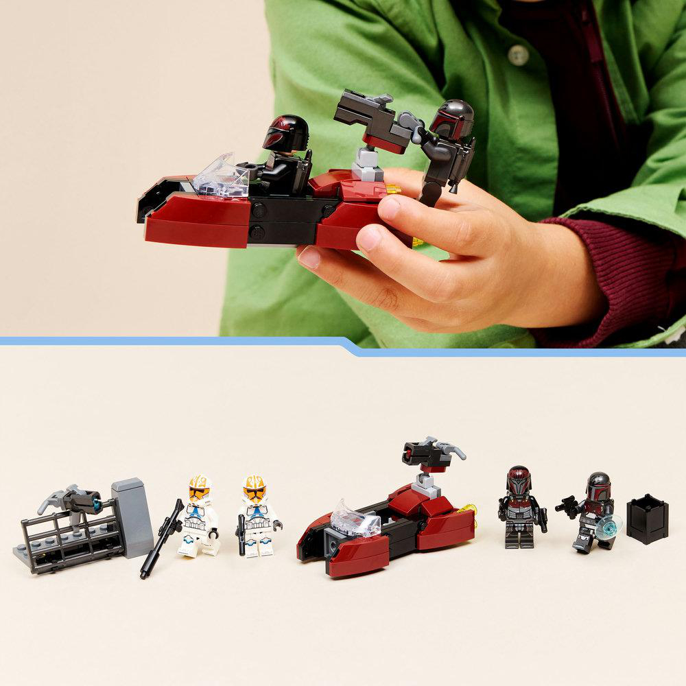 Ein Kind hält ein LEGO-Set mit einem roten Speederbike und Minifiguren. Darunter wird das Set mit zusätzlichen Figuren und Zubehör gezeigt.