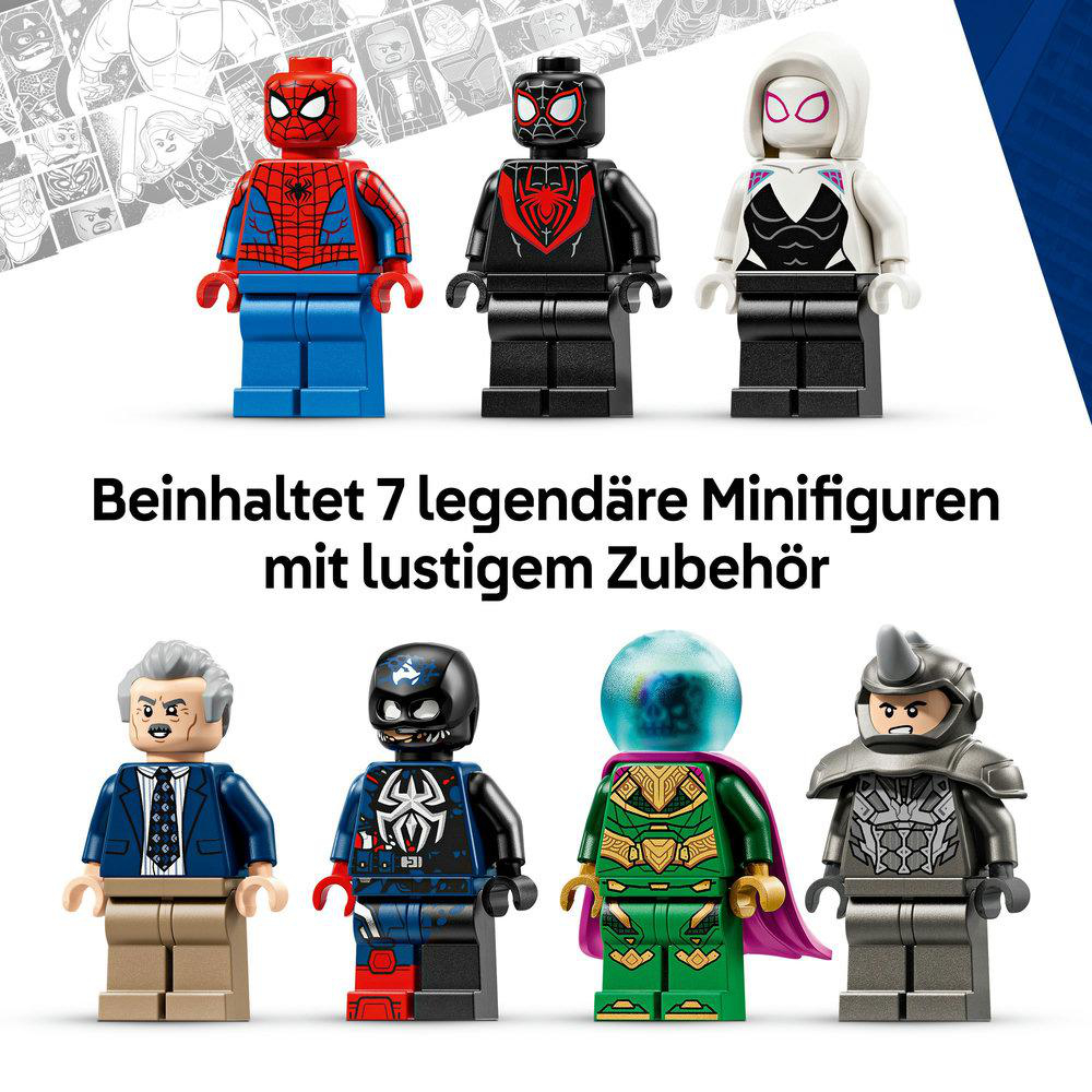 Sieben Lego-Minifiguren werden gezeigt, darunter Spider-Man-Variationen, ein Mann im Anzug und andere mit Superhelden-Kostümen.