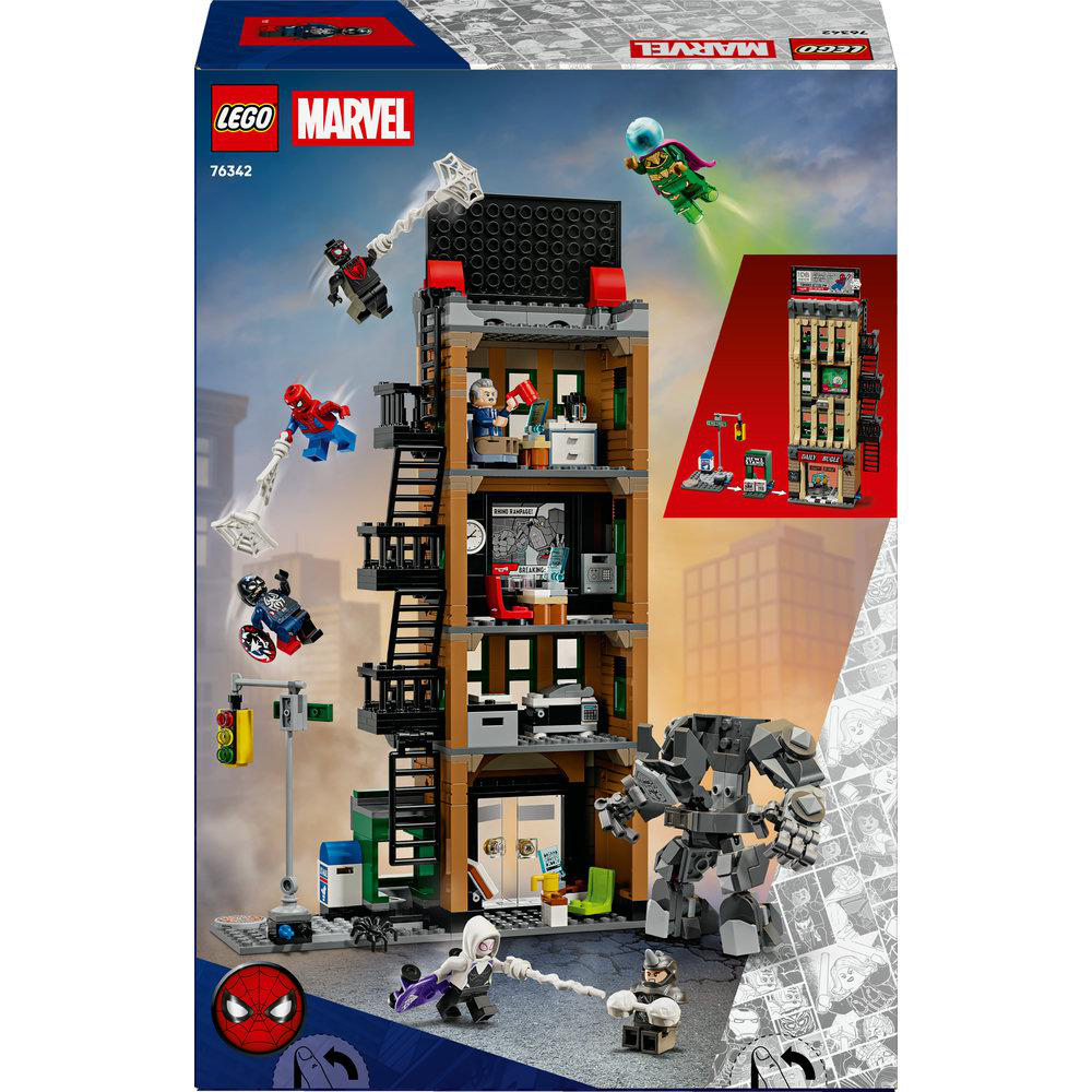 Lego Marvel-Set mit einem Gebäude und mehreren Marvel-Charakteren, darunter Spider-Man und Green Goblin, in Aktion.