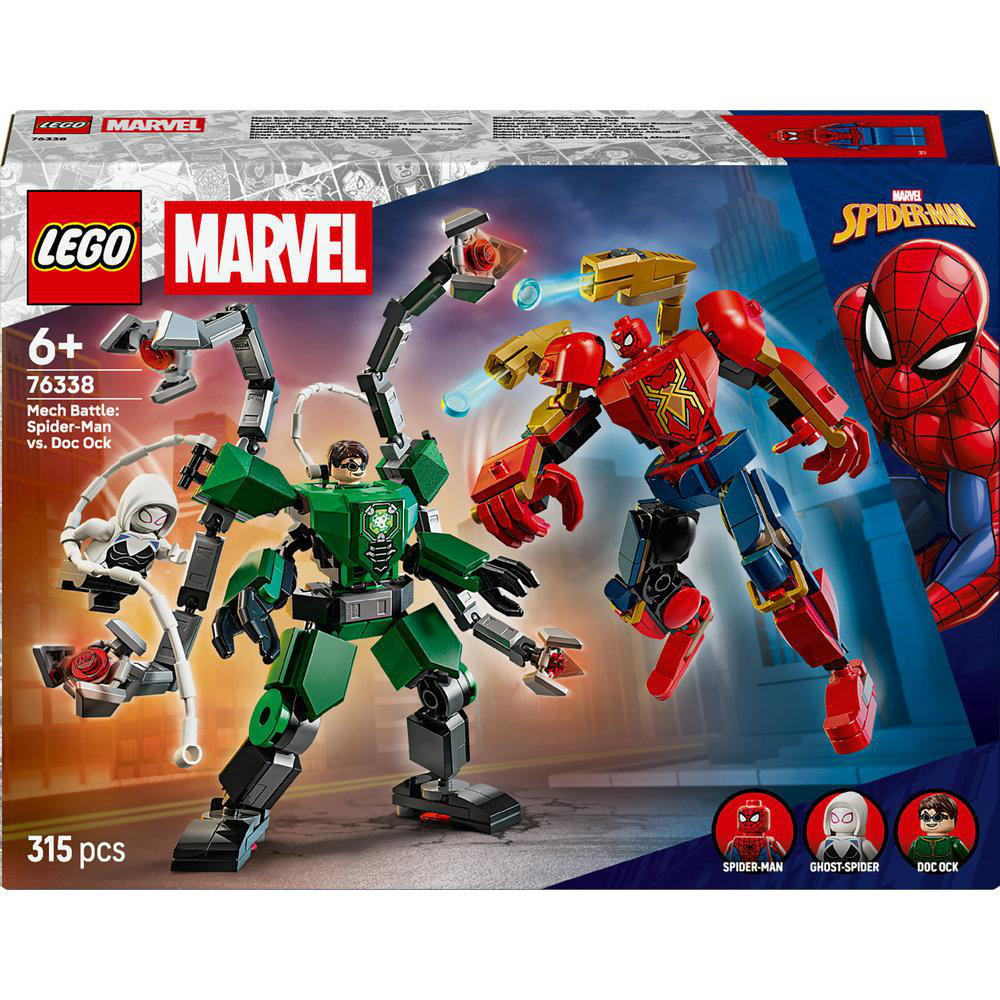 Lego Marvel Set mit Spider-Man und Doc Ock Mech-Kampf. Enthält Ghost-Spider und 315 Teile. Box-Art zeigt Figuren in Aktion.