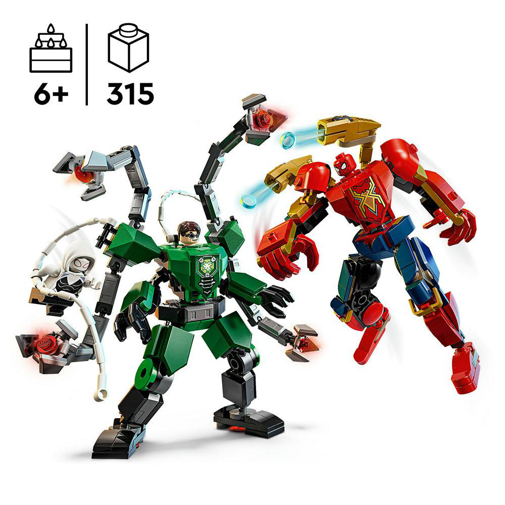 Lego-Set mit Roboterfiguren von Spider-Man und Doctor Octopus. Das Set enthält auch Figuren von Ghost-Spider und anderen Waffen.