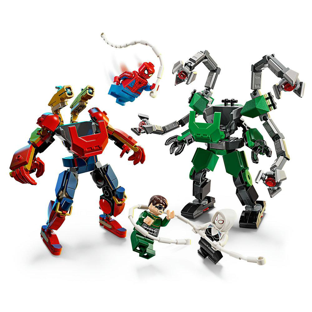 Lego-Set mit Spider-Man und Bösewichten. Enthält Spider-Man, Doctor Octopus, Spider-Gwen und zwei Mech-Anzüge.