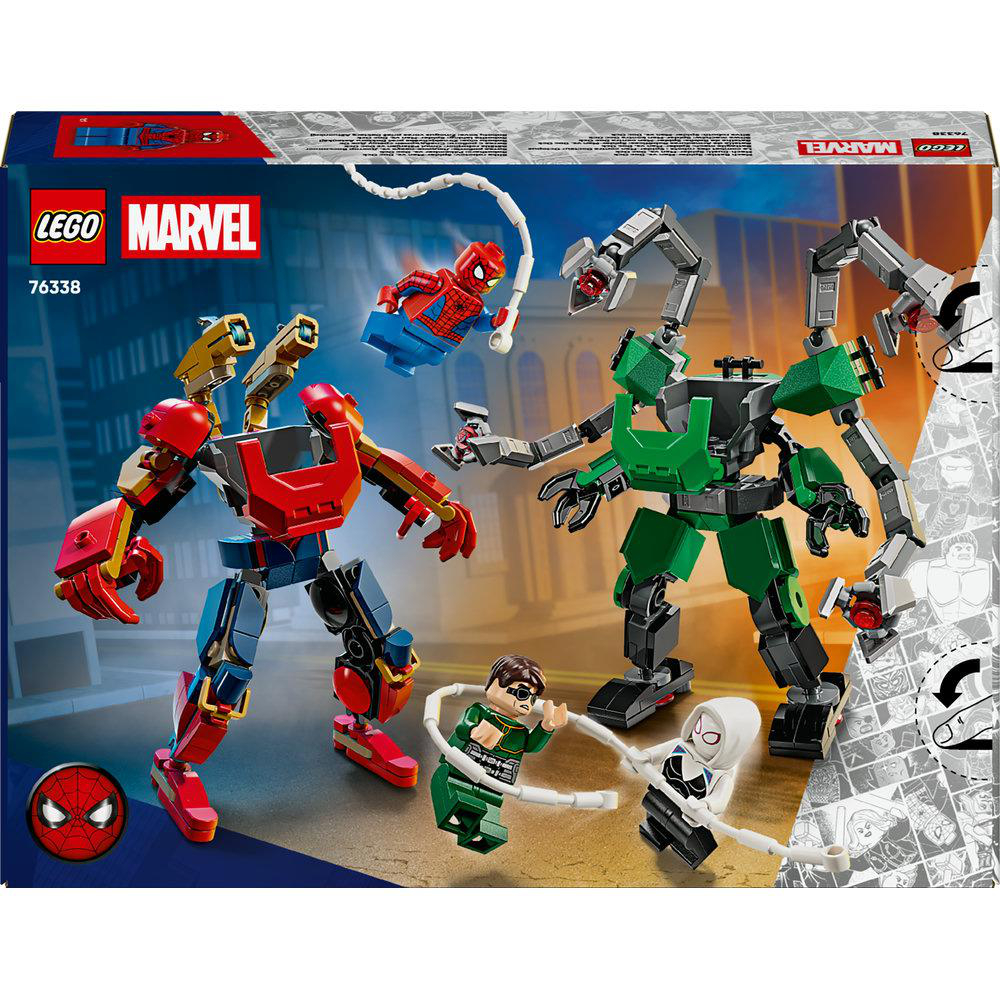 Lego Marvel Set mit Spider-Man und anderen Charakteren in Actionposen. Roboter und Figuren vor einer Stadtkulisse.