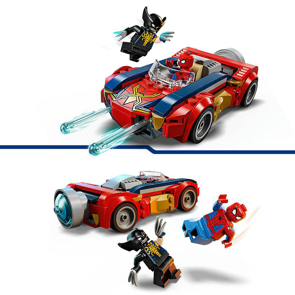 Lego-Set mit einem rot-blauen Rennwagen, Spider-Man und Black Panther Figuren, die fliegen. Weißer Hintergrund.