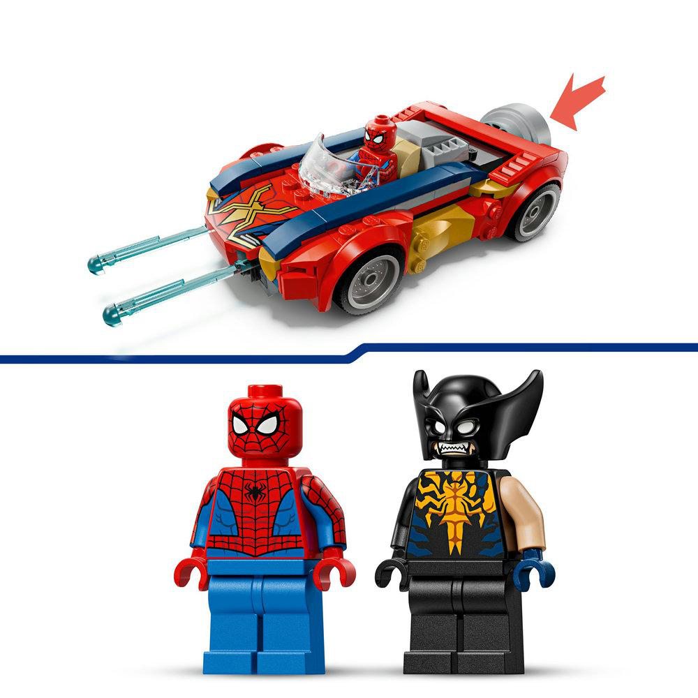 Lego-Set mit einem roten, blauen und gelben Auto und zwei Figuren. Einer ist Spiderman, der andere Wolverine.
