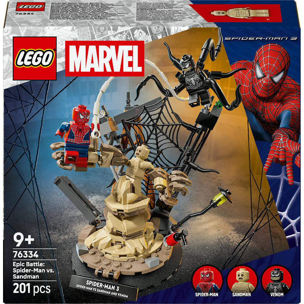 Lego Marvel Set. Spider-Man, Sandman und Venom Figuren sind abgebildet. Die Box zeigt die Charaktere in Aktion. Das Set enthält 201 Teile.