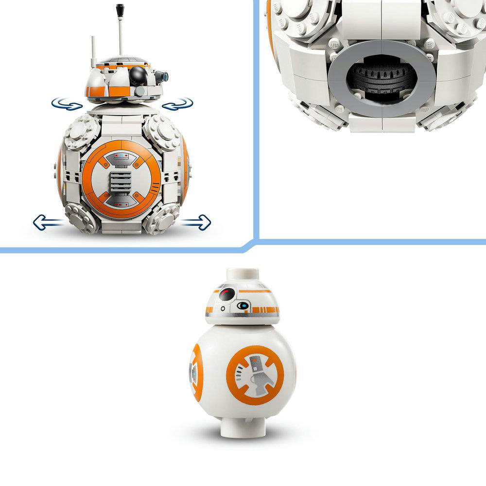 Das Bild zeigt einen LEGO BB-8-Droiden. Er ist weiß und orange. Der Droide wird aus verschiedenen Blickwinkeln und in Nahaufnahme gezeigt.