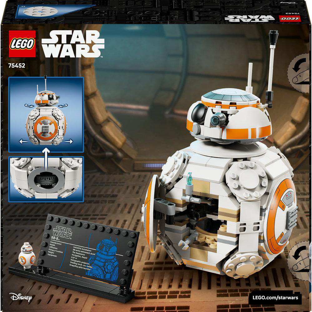 LEGO Star Wars BB-8 Modell. Weiß-orangener Droide mit schwarzem Displayständer, Box im Hintergrund und LEGO-Logo sichtbar.