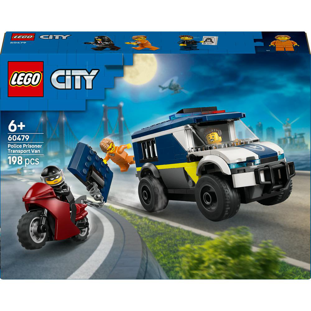 Lego City Set. Polizei-Transportwagen jagt ein rotes Motorrad. Eine Minifigur entkommt. Im Hintergrund ist eine Stadt mit Mond zu sehen.
