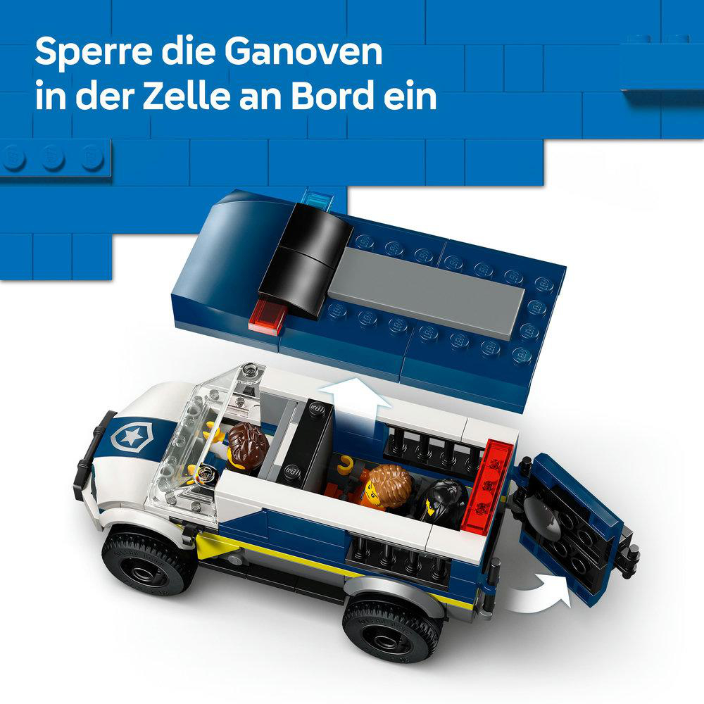Ein Lego-Polizeiwagen mit offenem Dach. Im Inneren befinden sich Lego-Figuren. Der Van ist blau und weiß, mit blauen Steinen im Dach und Hintergrund.