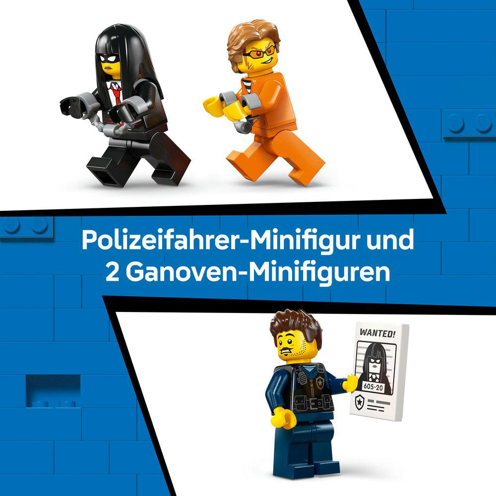 Lego-Set mit drei Minifiguren: einem Polizeifahrer und zwei kriminellen Minifiguren. Einer hält Handschellen, ein anderer ein Fahndungsplakat.