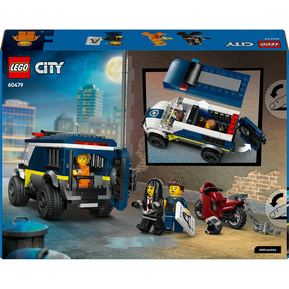 Lego City Set mit Polizeiwagen, Motorrad und Minifiguren. Die Szene spielt in einer urbanen Umgebung mit Vollmond.