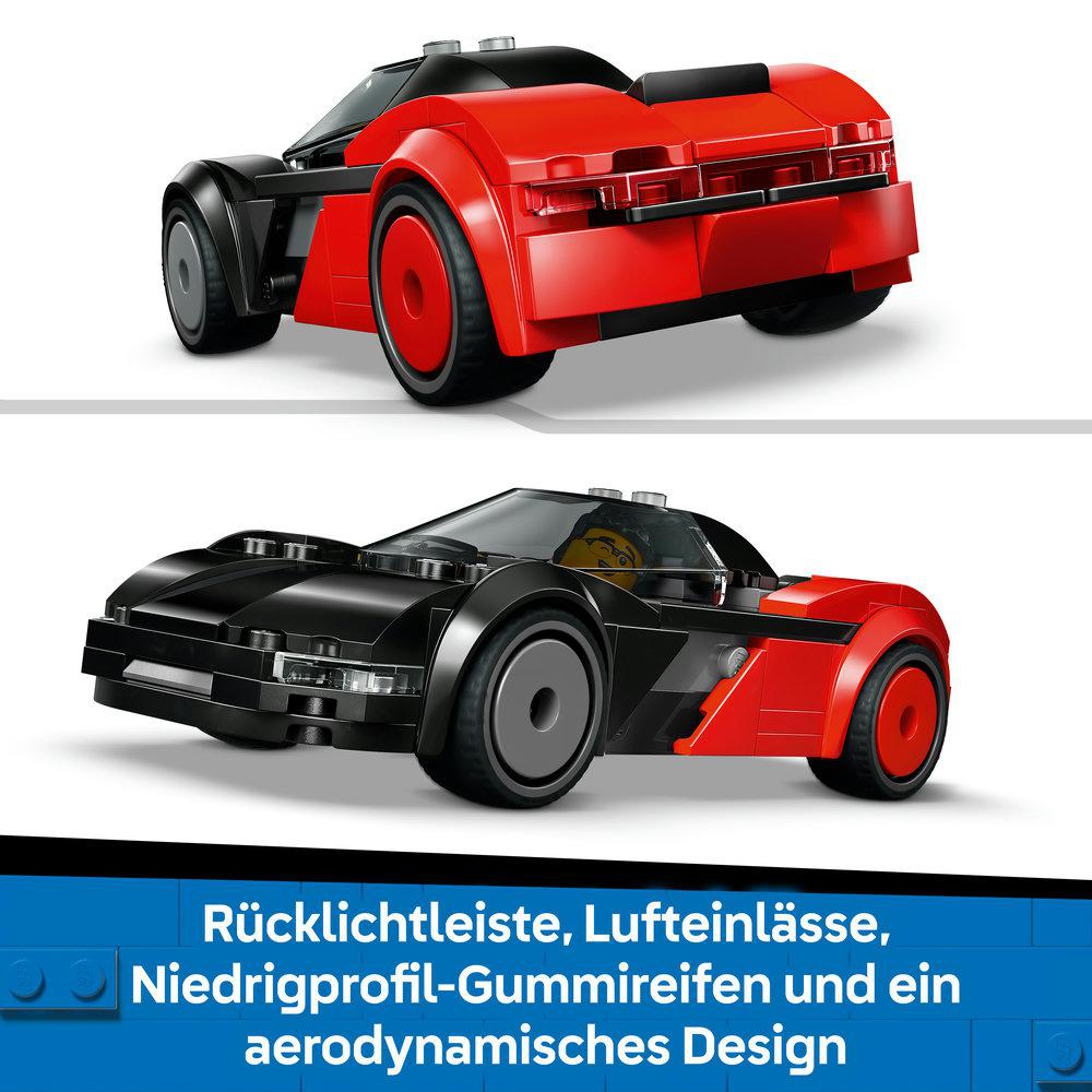 Zwei Spielzeug-Sportwagen, schwarz und rot. Aerodynamisches Design, Niederquerschnittsreifen, Rücklichtleiste und Lufteinlässe.
