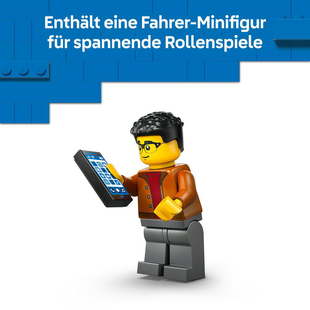 Eine Lego-Minifigur, die ein Telefon hält. Sie trägt eine Brille und eine braune Jacke. Der Hintergrund hat blaue Lego-Steine und Text.