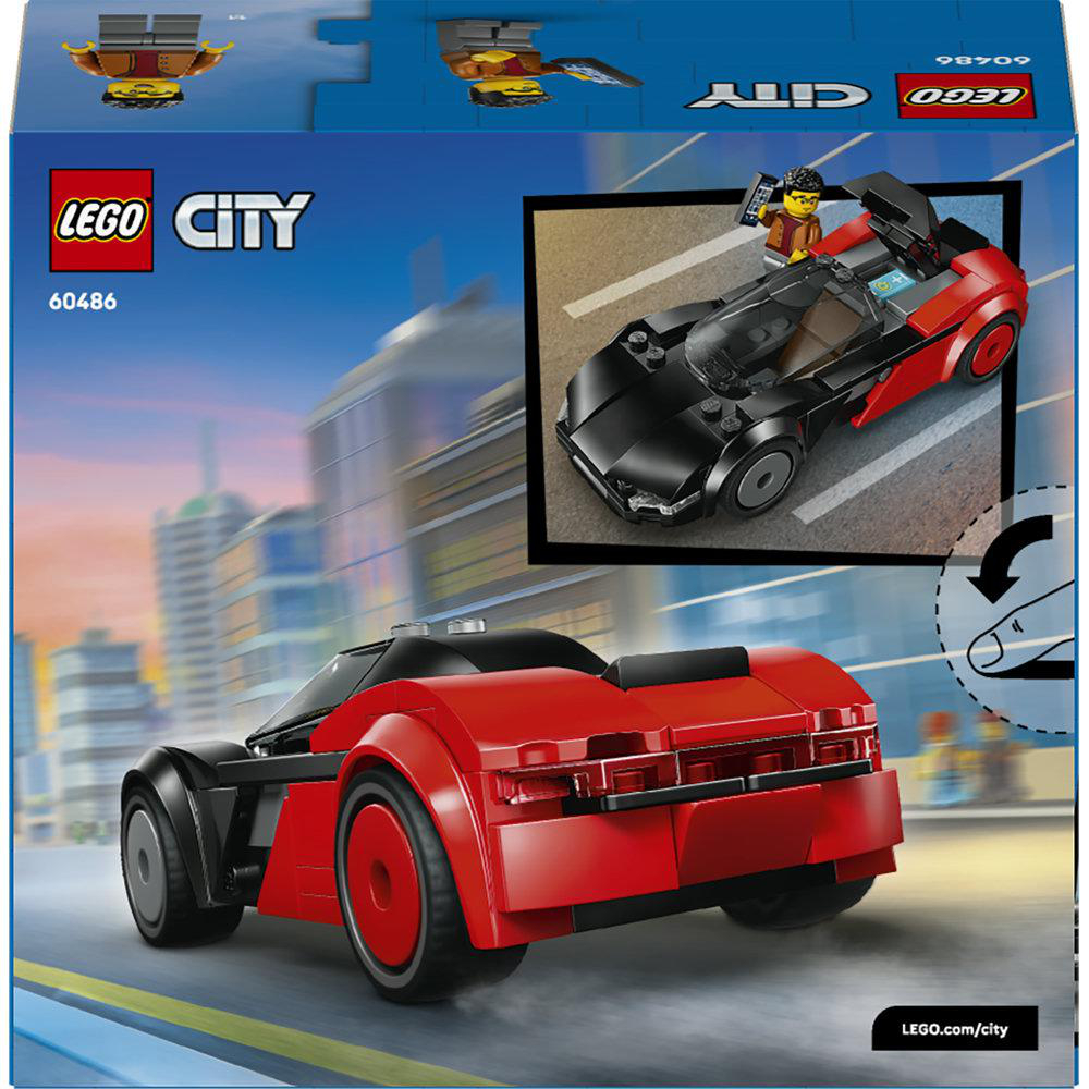 Eine Lego City-Box zeigt einen rot-schwarzen Sportwagen. Der Hintergrund zeigt eine Stadtlandschaft. Ein kleineres Bild des Autos befindet sich oben rechts.