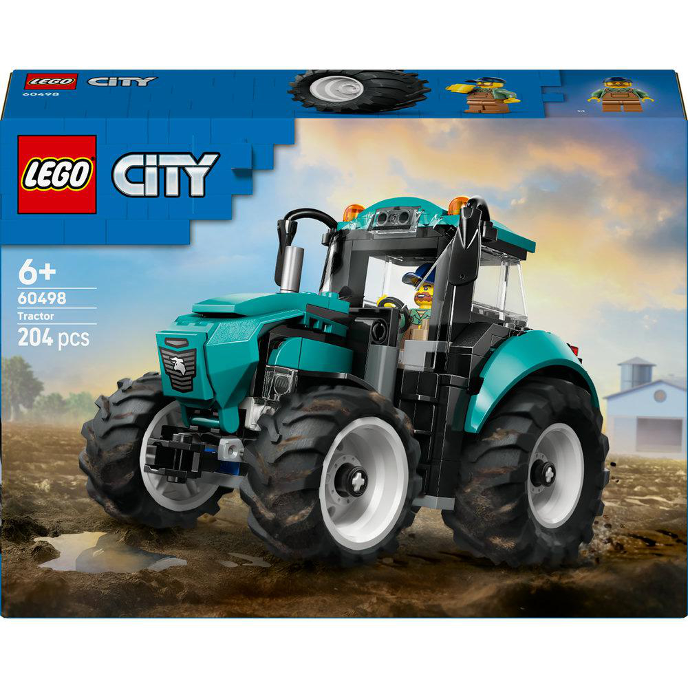 Eine Lego City Traktor-Set-Box. Der Traktor ist teal mit schwarzen Reifen und weißen Felgen. Der Hintergrund zeigt eine Bauernhofszene.