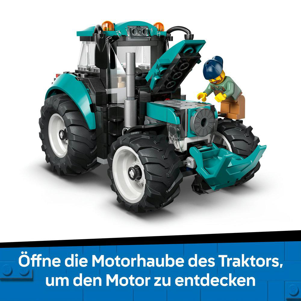 Ein teal-farbenes und schwarzes Traktor-Lego-Set mit einer Minifigur. Der Traktor hat große Räder und einen detaillierten Motorraum.