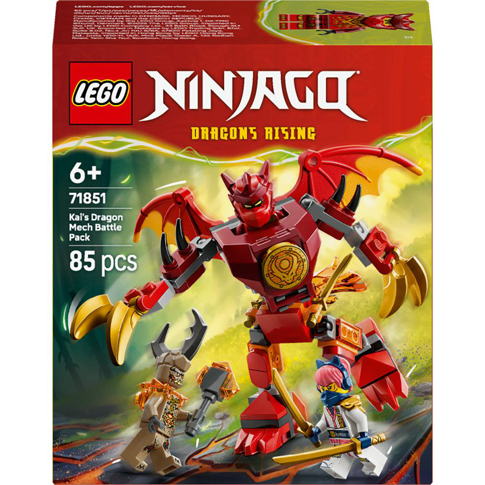 Lego Ninjago Box-Art. Ein roter Drachen-Mech kämpft gegen zwei Figuren. Die Box ist rot mit Lego- und Ninjago-Logos.