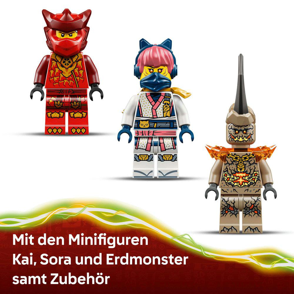 Drei Lego-Minifiguren: Kai, Sora und Erdmonster. Kai in Rot, Sora in Blau und Erdmonster in Braun. Zubehör enthalten.