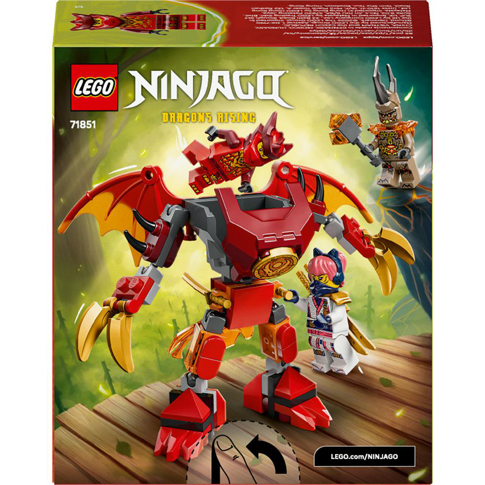LEGO Ninjago-Box-Art. Ein roter Drachen-Roboter steht mit zwei Figuren auf einer Holzplattform. Der Hintergrund hat grünes Laub.