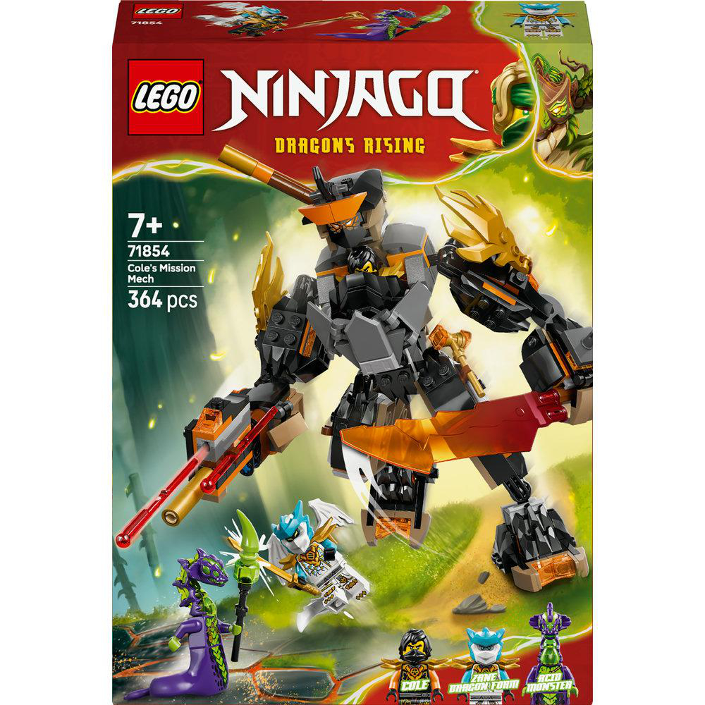 Lego Ninjago Box-Art. Ein Mech steht mit Waffen, umgeben von anderen Charakteren. Die Box zeigt die Lego- und Ninjago-Logos.